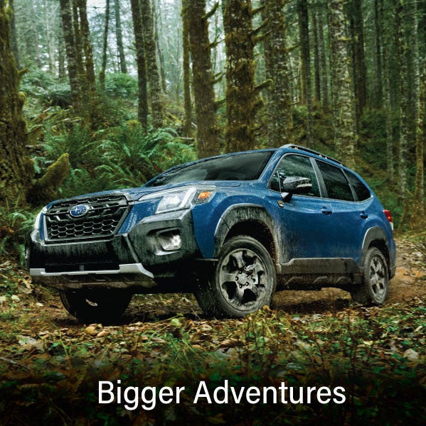 A blue Subaru outback wilderness with the words &ldquo;Bigger Adventures&ldquo;. | Subaru World of Hackettstown in Hackettstown NJ