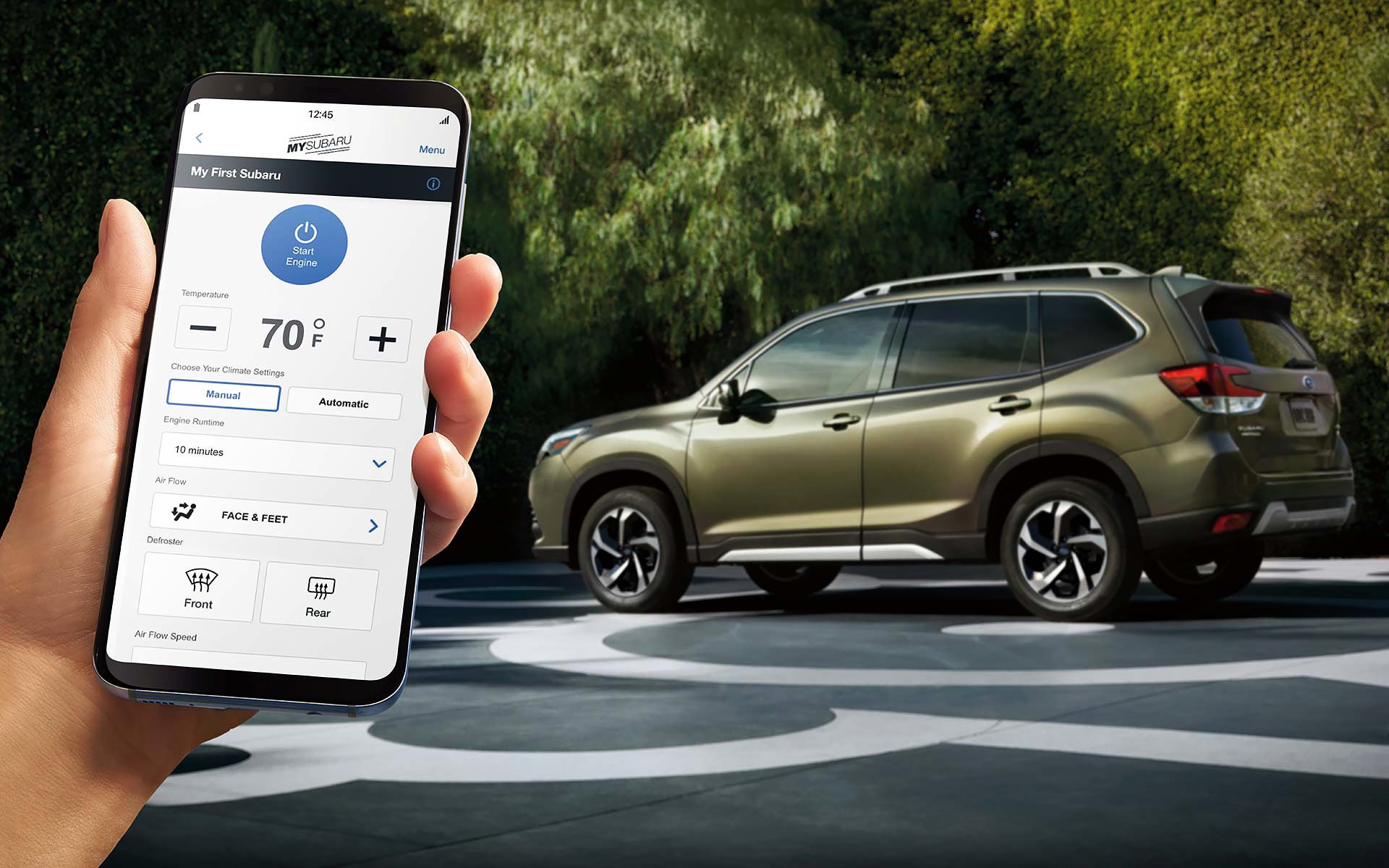 A close-up of a phone showing the Remote Engine Start with Climate Control feature of SUBARU STARLINK® Safety and Security available on the 2022 Forester. | Subaru World of Hackettstown in Hackettstown NJ